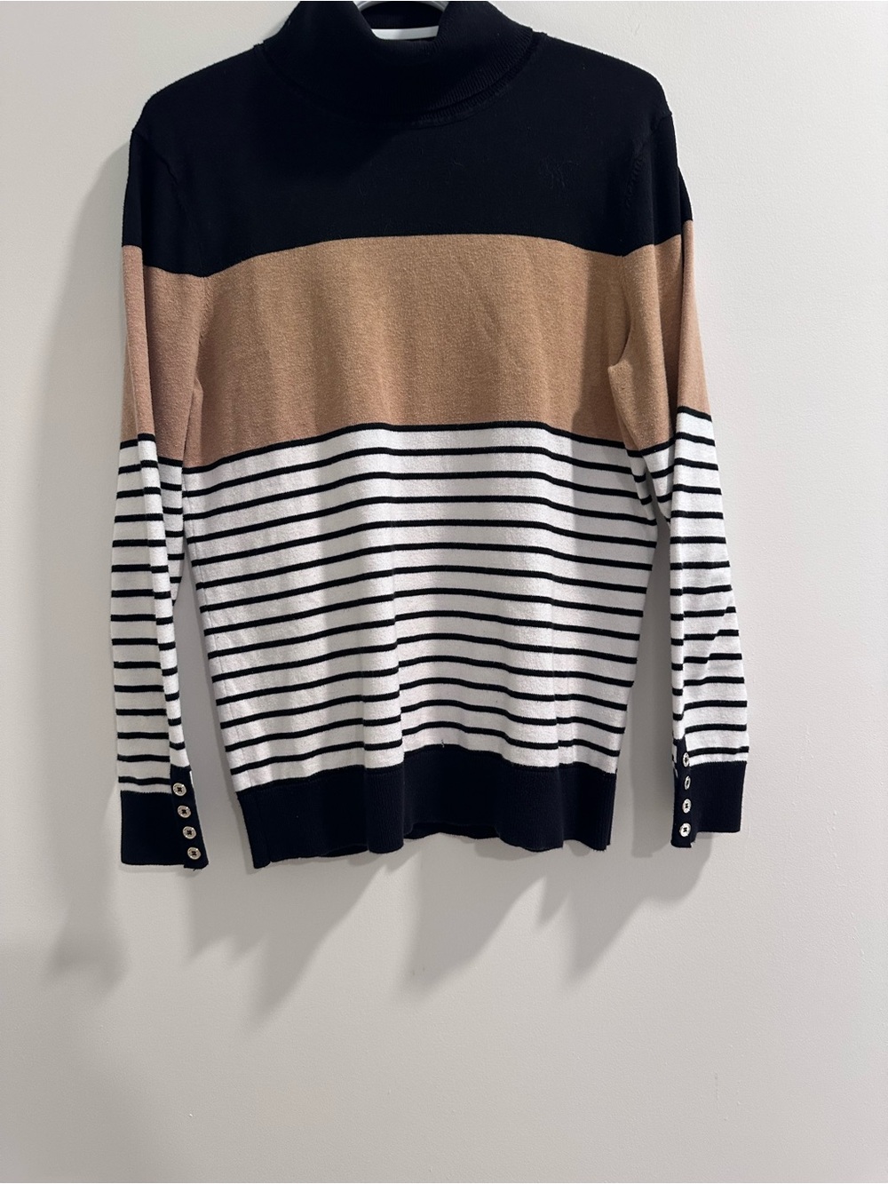 Tommy Hilfiger Black, Cream & Tan Striped Turtleneck Sweater
